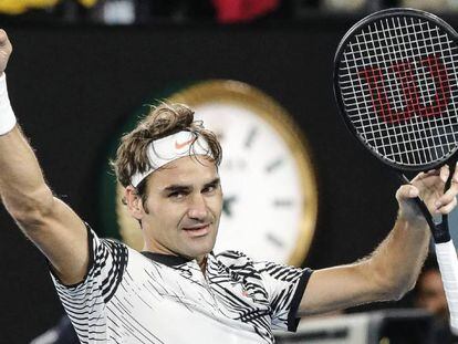 Federer comemora a vitória na semifinal contra Wawrinka.