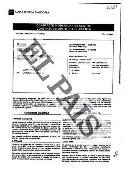 Contrato de abertura de uma conta de Javier Alvarado Ochoa no BPA.