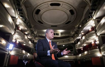 O presidente eleito da Colômbia, Iván Duque, durante entrevista na segunda-feira no Teatro Alcázar, em Madri. 
