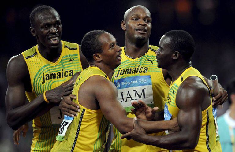 Os jamaicanos Usain Bolt, Michael Frater, Asafa Powell e Nesta Carter