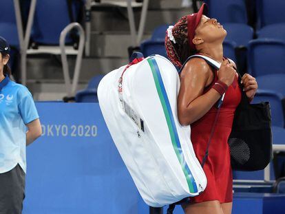 A tenista japonesa Naomi Osaka, depois de ser eliminada pela russa Vondrousova, nesta quarta-feira.