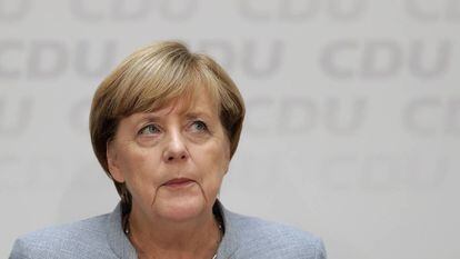 A chanceler Angela Merkel, em uma coletiva de imprensa na segunda-feira em Berlim, após as eleições do dia 24
