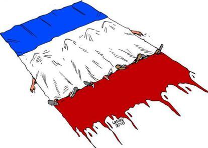 Mortos cobertos pela bandeira da França, do brasileiro Carlos Latuff.
