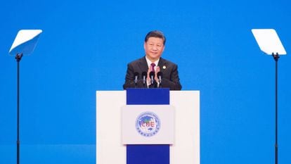 O presidente chinês, Xi Jinping, durante a cerimônia de inauguração da feira global de importação
