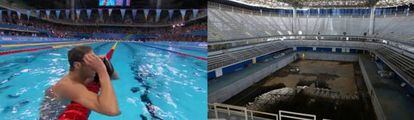 Montagem com Phelps nos Jogos e o parque aquático no início do mês.