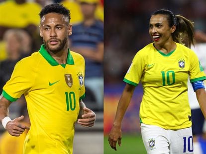 Neymar, durante um jogo em Los Angeles, em 2019; e Marta, durante a Copa do Mundo de Futebol Feminino da França.
