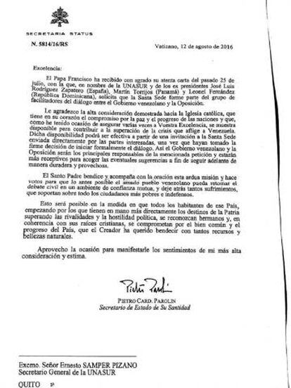 Carta enviada do Vaticano à Unasul
