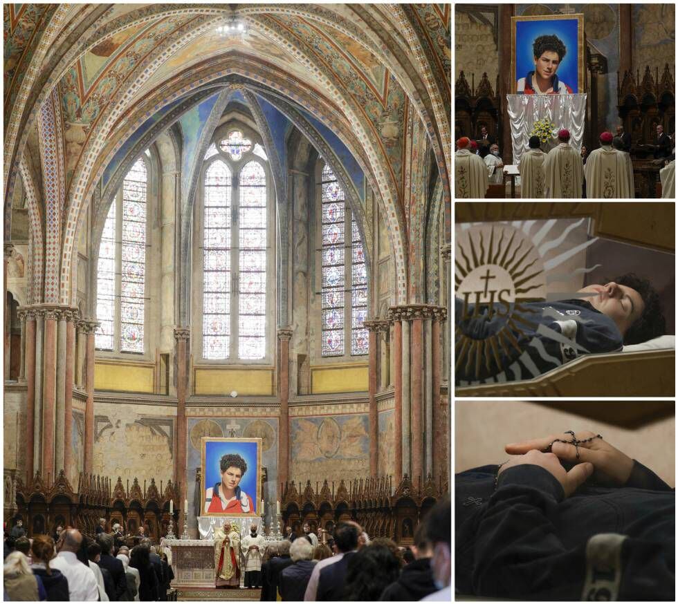 À esquerda, cerimônia de beatificação de Carlo Acutis em Assis. À direita, uma imagem do jovem e detalhes de seu corpo. O rosto foi reconstruído com uma máscara de silicone.