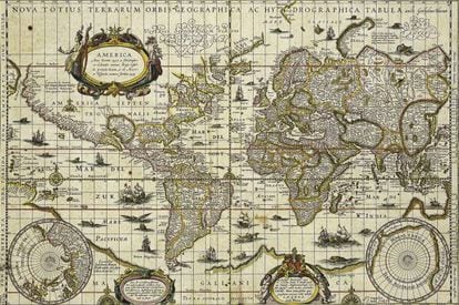 Um mapa-múndi do século XVII, quando não existia futebol.