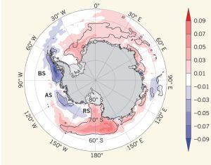 Variação da cobertura de gelo marinho na Antártica calculada em porcentagens de extensão por década (1979 e 2012): o gelo aumenta nas áreas marcadas em vermelho (leste e oeste) e diminui nas zonas em azul.