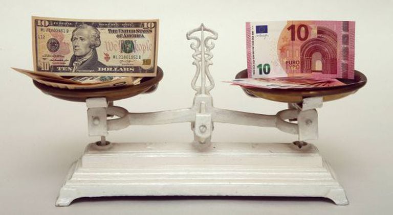 Notas de 10 dólares e 10 euros em uma balança.