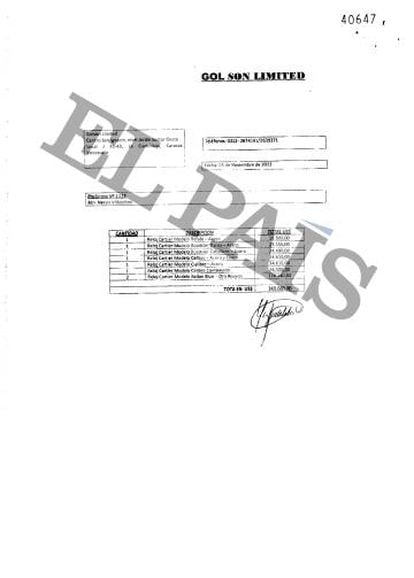 Fatura de 340.000 dólares por oito relógios de luxo pagos pelo ex-ministro de Venezuela Nervis Villalobos.