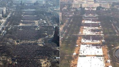 Posse de Obama (esquerda) em 2009 e de Trump nesta sexta-feira (direita).