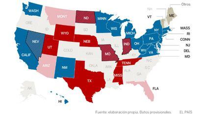 Mapa de votação para Senado. Em azul, o desempenho dos democratas (claro é onde eles lideram, escuro onde ganharam e em listrado os votos que eles reverteram). Em vermelho, o dos republicanos (legenda idem)