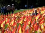 An elderly woman looks at her mobile among thousands of Spanish flags, representing the Spanish victims of COVID-19, in the Roma park in Madrid, on September 27, 2020. - Over the past week, Spain has registered the highest number of new cases within the EU with a rate of nearly 300 per 100,000 inhabitants -- but in the Madrid region, the figure is currently more than 700 per 100,000. (Photo by OSCAR DEL POZO / AFP)