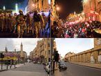 Combo de imágenes de los manifestantes en Beirut, en diciembre. Abajo, el mismo lugar el 26 de marzo.