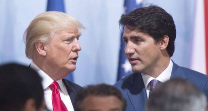 O presidente dos Estados Unidos, Donald Trump, e o primeiro-ministro canadense, Justin Trudeau.