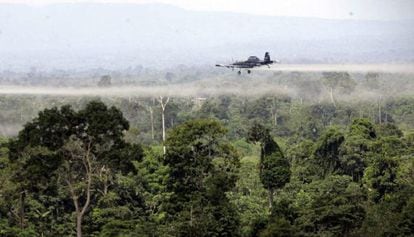 Fumigação aérea sobre cultivos de coca no sul de Colômbia.