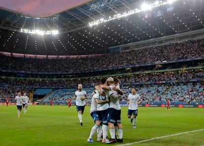 Seleção da Argentina celebra gol na Copa América de 2019, disputada no Brasil.