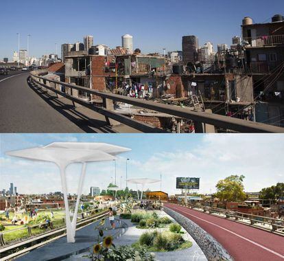 Antes e depois. O governo de Buenos Aires transformará em um parque elevado o traçado atual da autopista.