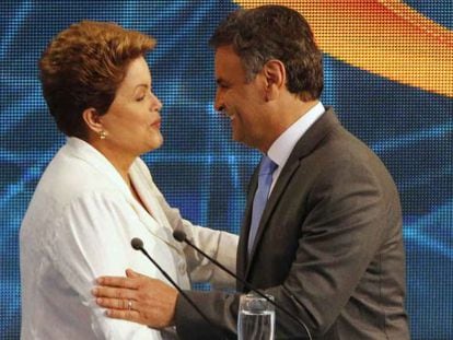 Dilma e A&eacute;cio no debate da Band, no dia 14.