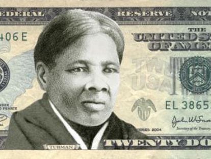 Montagem de uma nota de 20 dólares com o rosto de Harriet Tubman.