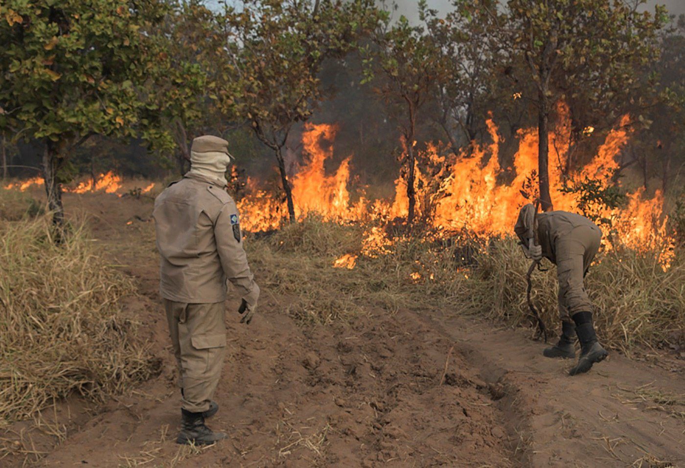 Bombeiros tentam controlar foco de incêndio nas proximidades de Cuiabá, capital do Mato Grosso.