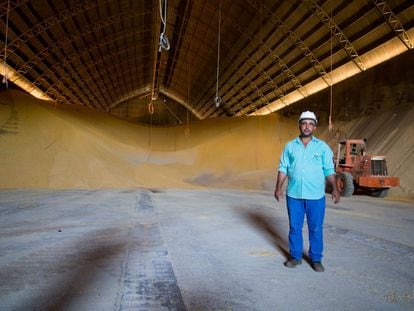 Um trabalhador em Sinop mostra um enorme depósito de grãos, em que a soja e o milho são armazenados em temperatura e umidade controladas para, paulatinamente, ser transportados por caminhão e depois exportados. 