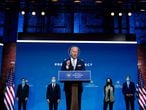 President-elect Joe Biden and Vice President-elect Kamala Harris introduce their nominees and appointees to key national security and foreign policy posts at The Queen theater, Tuesday, Nov. 24, 2020, in Wilmington, Del. (AP Photo/Carolyn Kaster)