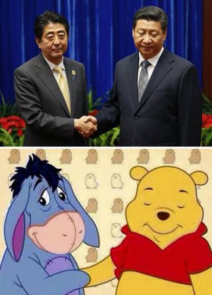 Ursinho Pooh e Bisonho, comparados com Xi Jinping e o primeiro-ministro japonês, Shinzo Abe.