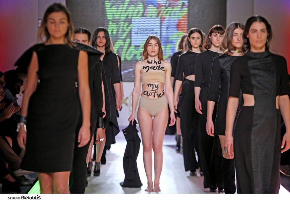 Em abril de 2015, a estilista grega Athena Korda terminou seu desfile com o lema: “Quem fez minha roupa?”.