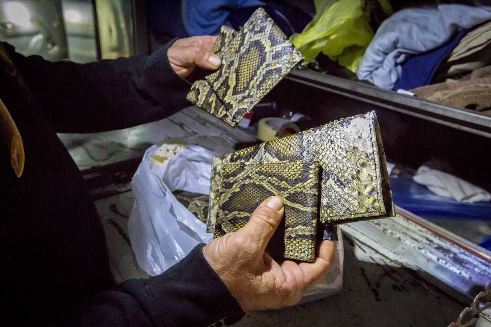 Dusty Crum mostra as carteiras que fabrica com a pele das pítons caçadas