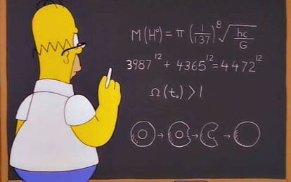 Homer, frente a uma equação que prevê a massa do bóson de Higgs.