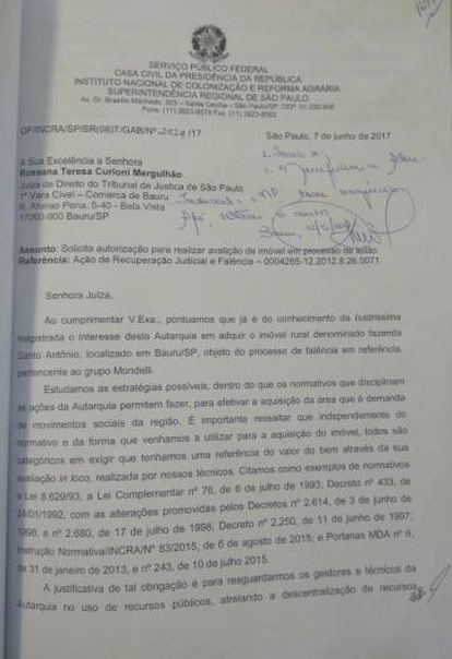 Em ofício de 7 de junho de 2017, superintendente-substituto do Incra em São Paulo oficializa intenção de compra de fazenda exigida por invasores