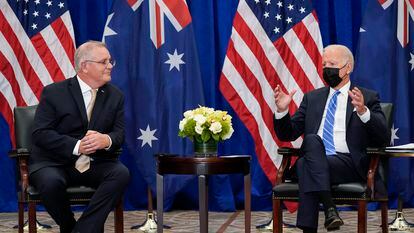 O presidente Biden e o primeiro-ministro australiano. Scott Morrison, em Nova York, na terça-feira.