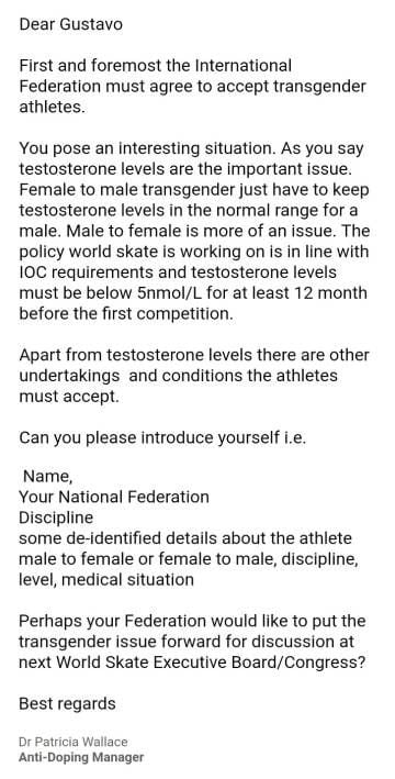 Confederação Internacional de Skate ao e-mail enviado por Gustavo, justificando a restrição a competidores trans
