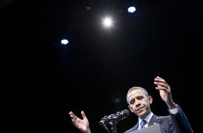 Barack Obama, durante seu discurso hoje em Washington.
