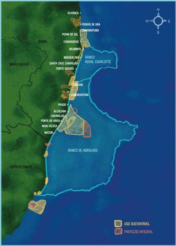 Mapa mostra o Parque Nacional Marítimo de Abrolhos.