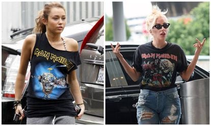 Miley Cyrus e Lady Gaga com suas camisetas do Iron Maiden.