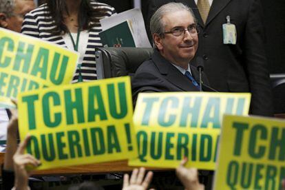 Cunha na sessão em que a Câmara dos Deputados aprovou o impeachment de Dilma Rousseff, em 17 de abril de 2016.
