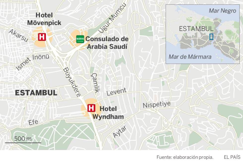 Localização do consulado e de dois hotéis próximos onde os sauditas supostamente enviados por Riad se alojaram.