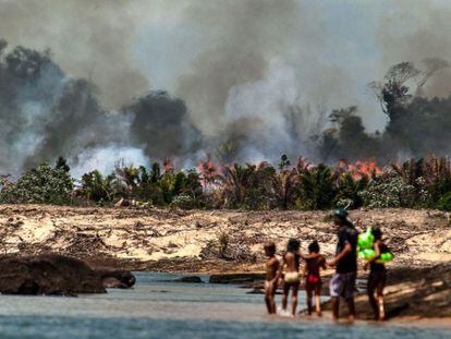 Queimada florestal junto ao rio Xingu (Pará), preparando terreno para a represa de Belo Monte.