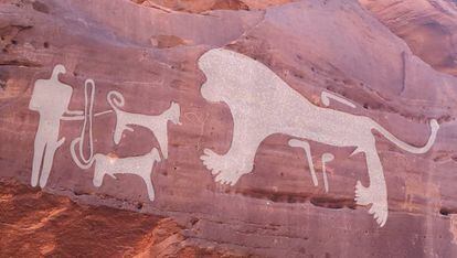 Dois cachorros diante de um leão, entalhes de 8.000/9.000 anos.