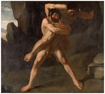 Tela do pintor Zurbarán sobre a luta mitológica entre Hércules e o gigante Anteu, no Museu do Prado.
