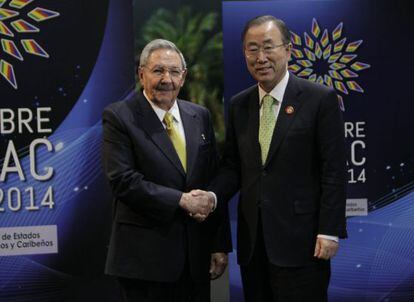 Raúl Castro e o secretario da ONU, Ban Ki Moon.