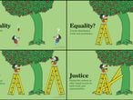 Cuatro ilustraciones sobre desigualdad, igualdad, equidad y justicia. Tony Ruth