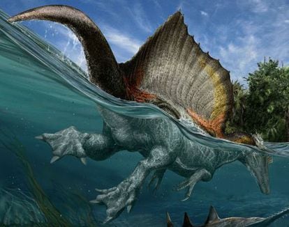 Ilustração do enorme espinossauro, nadando e capturando grandes peixes.