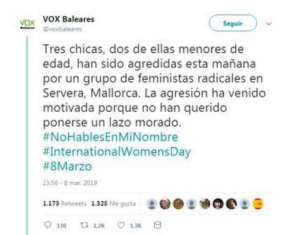 O tweet do Vox Baleares – já eliminado – com a informação falsa.