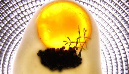 Creme de couve-flor ácido, caviar ecológico e gema de ovo curada: um dos pratos de Diego Gallegos.