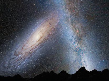 Representação artística do céu noturno dentro de quatro bilhões de anos, quando Andrômeda se unir à Via Láctea.